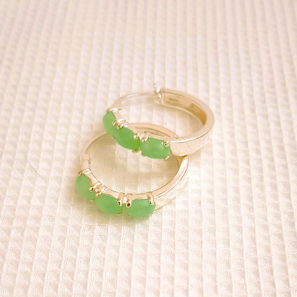 CSJ 925 Chrysoprase Hoop Earrings Sterling Silver Hinged Closure Jewelry